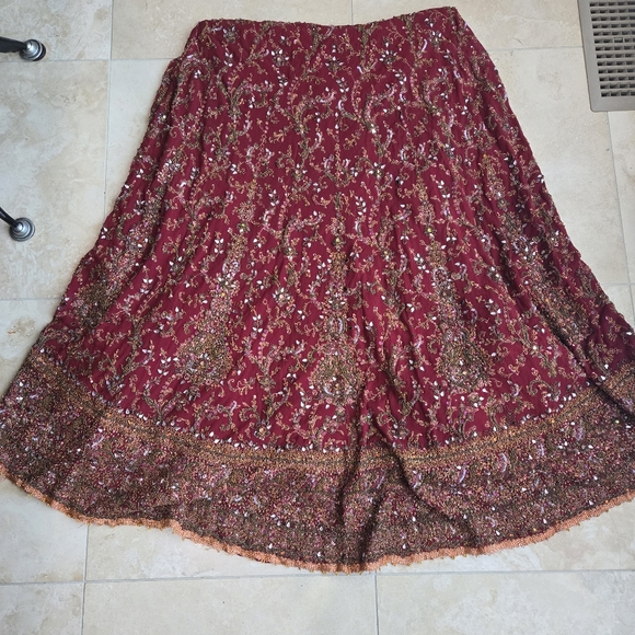 Red and gold maxi hand embroidered  skirt with tons of stone work details - Picture 3 of 6